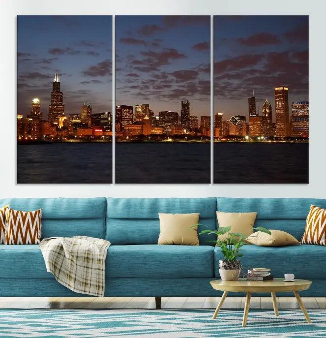 The "Chicago Wall Art Canvas Print Chicago City Night Canvas Print" is a stunning triptych depicting a city skyline at dusk on museum-quality canvases. It features a UV-protective coating and comes ready to hang.