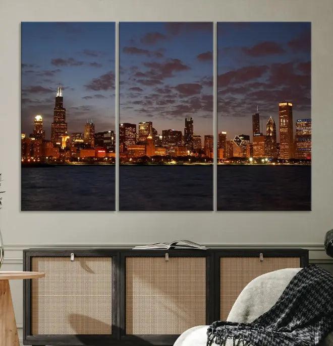 The "Chicago Wall Art Canvas Print Chicago City Night Canvas Print" is a stunning triptych depicting a city skyline at dusk on museum-quality canvases. It features a UV-protective coating and comes ready to hang.