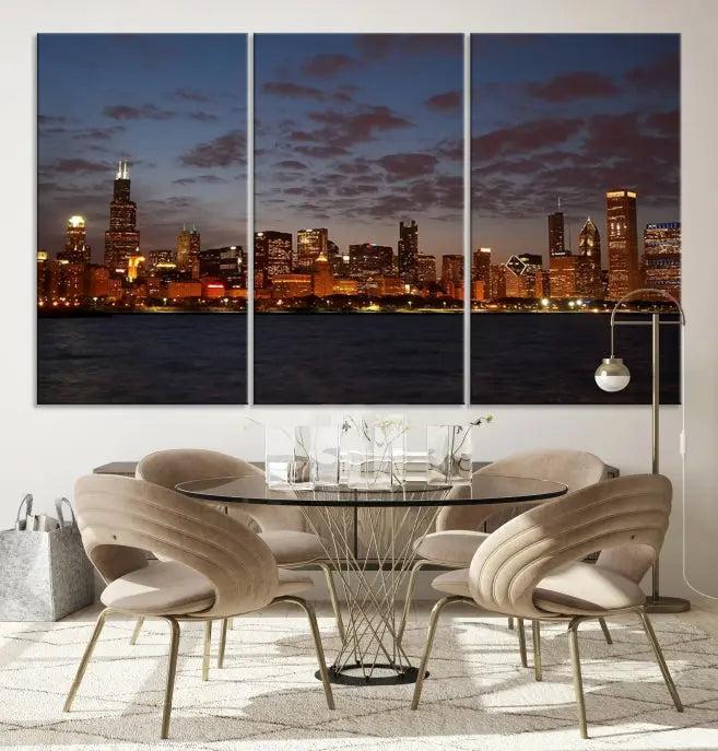 The "Chicago Wall Art Canvas Print Chicago City Night Canvas Print" is a stunning triptych depicting a city skyline at dusk on museum-quality canvases. It features a UV-protective coating and comes ready to hang.