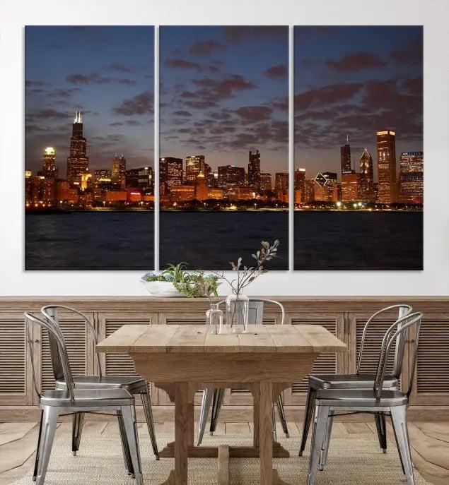 The "Chicago Wall Art Canvas Print Chicago City Night Canvas Print" is a stunning triptych depicting a city skyline at dusk on museum-quality canvases. It features a UV-protective coating and comes ready to hang.