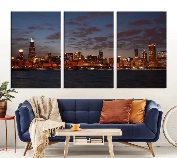 The "Chicago Wall Art Canvas Print Chicago City Night Canvas Print" is a stunning triptych depicting a city skyline at dusk on museum-quality canvases. It features a UV-protective coating and comes ready to hang.