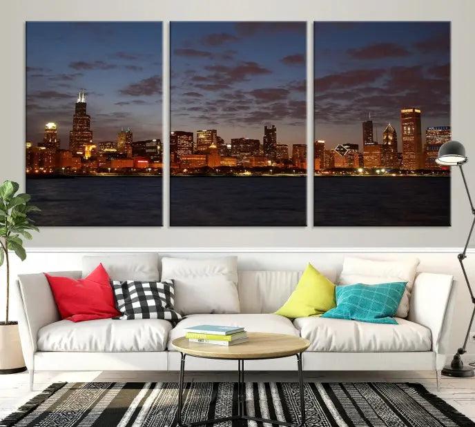 The "Chicago Wall Art Canvas Print Chicago City Night Canvas Print" is a stunning triptych depicting a city skyline at dusk on museum-quality canvases. It features a UV-protective coating and comes ready to hang.