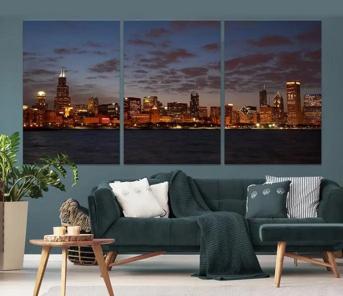 The "Chicago Wall Art Canvas Print Chicago City Night Canvas Print" is a stunning triptych depicting a city skyline at dusk on museum-quality canvases. It features a UV-protective coating and comes ready to hang.