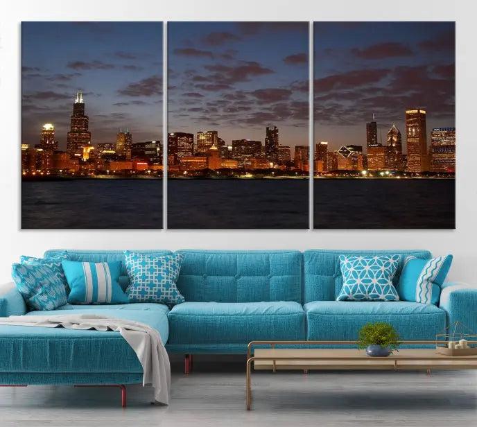 The "Chicago Wall Art Canvas Print Chicago City Night Canvas Print" is a stunning triptych depicting a city skyline at dusk on museum-quality canvases. It features a UV-protective coating and comes ready to hang.