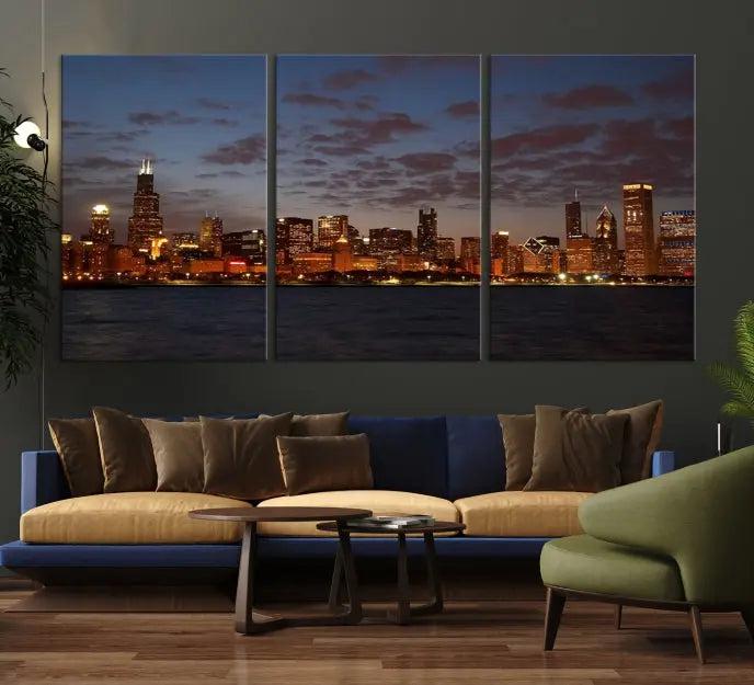 The "Chicago Wall Art Canvas Print Chicago City Night Canvas Print" is a stunning triptych depicting a city skyline at dusk on museum-quality canvases. It features a UV-protective coating and comes ready to hang.