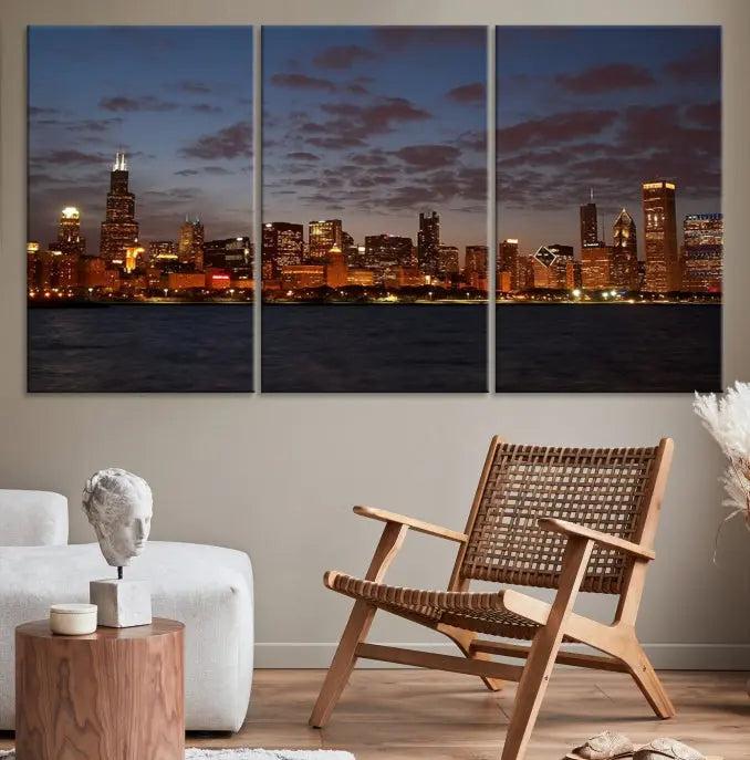 The "Chicago Wall Art Canvas Print Chicago City Night Canvas Print" is a stunning triptych depicting a city skyline at dusk on museum-quality canvases. It features a UV-protective coating and comes ready to hang.