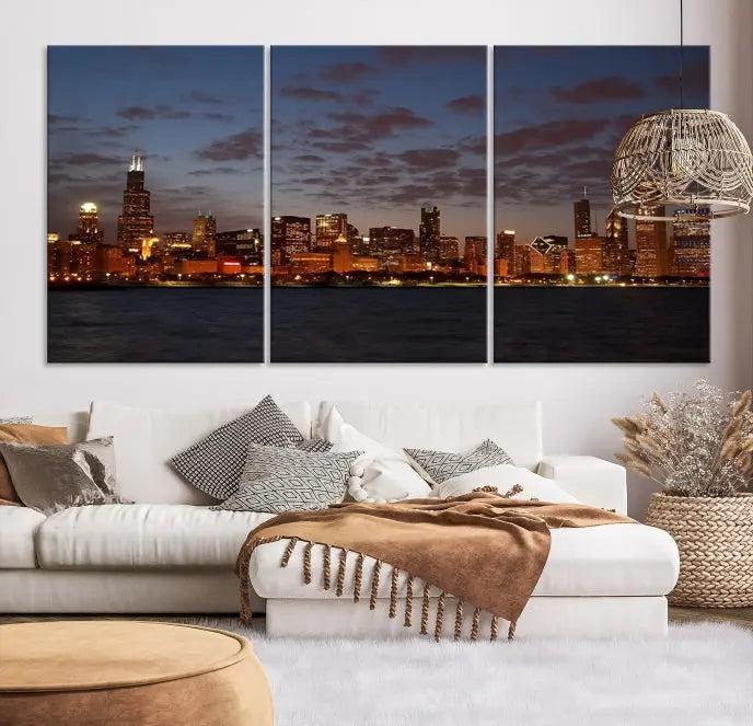 The "Chicago Wall Art Canvas Print Chicago City Night Canvas Print" is a stunning triptych depicting a city skyline at dusk on museum-quality canvases. It features a UV-protective coating and comes ready to hang.