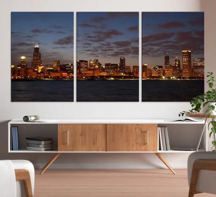 The "Chicago Wall Art Canvas Print Chicago City Night Canvas Print" is a stunning triptych depicting a city skyline at dusk on museum-quality canvases. It features a UV-protective coating and comes ready to hang.