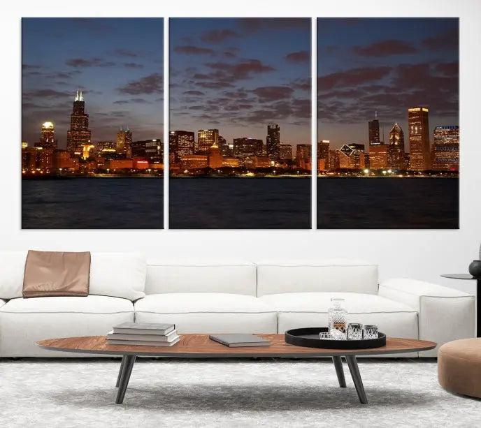 The "Chicago Wall Art Canvas Print Chicago City Night Canvas Print" is a stunning triptych depicting a city skyline at dusk on museum-quality canvases. It features a UV-protective coating and comes ready to hang.