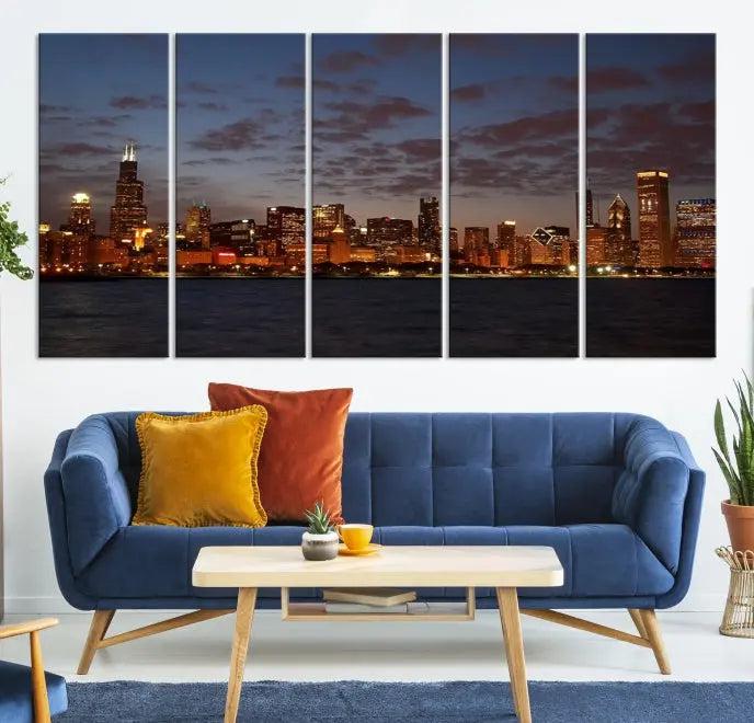 The "Chicago Wall Art Canvas Print Chicago City Night Canvas Print" is a stunning triptych depicting a city skyline at dusk on museum-quality canvases. It features a UV-protective coating and comes ready to hang.