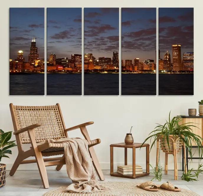 The "Chicago Wall Art Canvas Print Chicago City Night Canvas Print" is a stunning triptych depicting a city skyline at dusk on museum-quality canvases. It features a UV-protective coating and comes ready to hang.