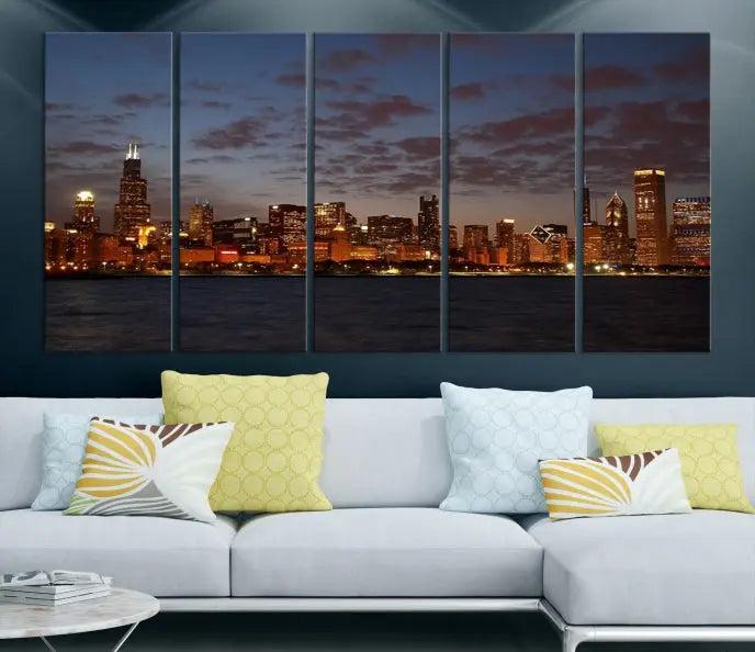 The "Chicago Wall Art Canvas Print Chicago City Night Canvas Print" is a stunning triptych depicting a city skyline at dusk on museum-quality canvases. It features a UV-protective coating and comes ready to hang.