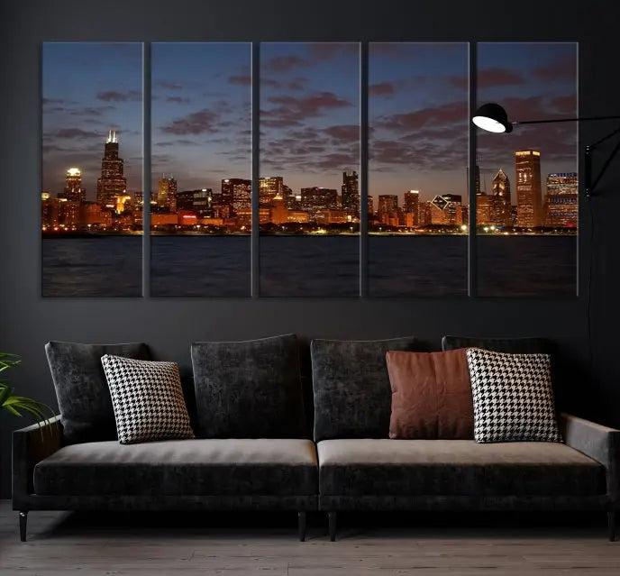 The "Chicago Wall Art Canvas Print Chicago City Night Canvas Print" is a stunning triptych depicting a city skyline at dusk on museum-quality canvases. It features a UV-protective coating and comes ready to hang.