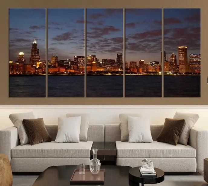 The "Chicago Wall Art Canvas Print Chicago City Night Canvas Print" is a stunning triptych depicting a city skyline at dusk on museum-quality canvases. It features a UV-protective coating and comes ready to hang.