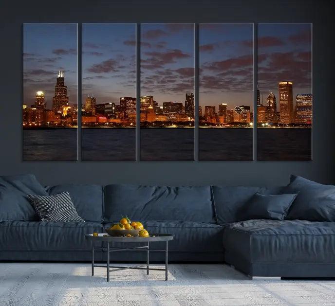 The "Chicago Wall Art Canvas Print Chicago City Night Canvas Print" is a stunning triptych depicting a city skyline at dusk on museum-quality canvases. It features a UV-protective coating and comes ready to hang.