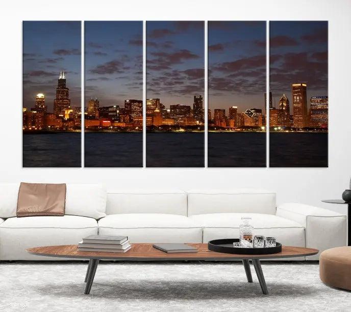 The "Chicago Wall Art Canvas Print Chicago City Night Canvas Print" is a stunning triptych depicting a city skyline at dusk on museum-quality canvases. It features a UV-protective coating and comes ready to hang.