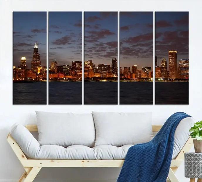 The "Chicago Wall Art Canvas Print Chicago City Night Canvas Print" is a stunning triptych depicting a city skyline at dusk on museum-quality canvases. It features a UV-protective coating and comes ready to hang.