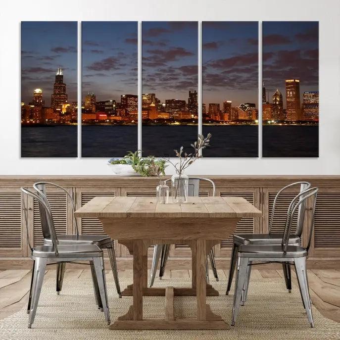 The "Chicago Wall Art Canvas Print Chicago City Night Canvas Print" is a stunning triptych depicting a city skyline at dusk on museum-quality canvases. It features a UV-protective coating and comes ready to hang.