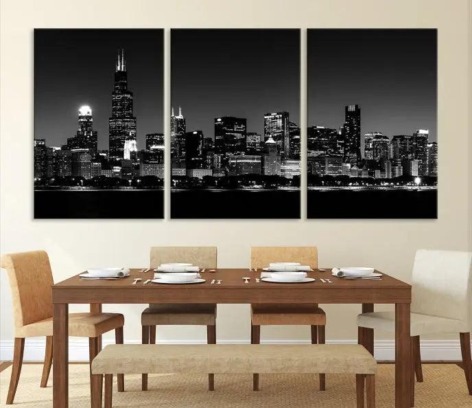 Elegantly displayed above the modern living room, a black and white cityscape stretches across three panels. This premium Chicago Wall Art Canvas Print captures the city's skyline at night, crafted with museum-quality canvas and enhanced by a UV-protective coating to maintain its vibrant appearance. It arrives ready to hang for seamless installation.