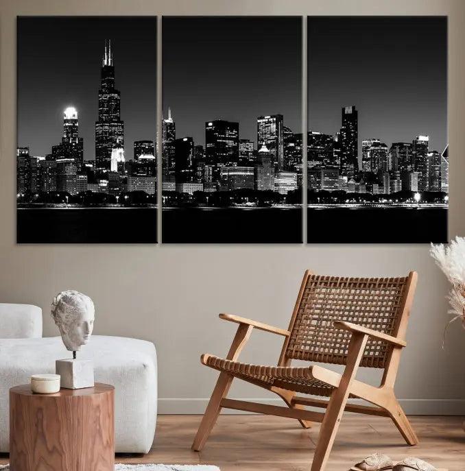 Elegantly displayed above the modern living room, a black and white cityscape stretches across three panels. This premium Chicago Wall Art Canvas Print captures the city's skyline at night, crafted with museum-quality canvas and enhanced by a UV-protective coating to maintain its vibrant appearance. It arrives ready to hang for seamless installation.