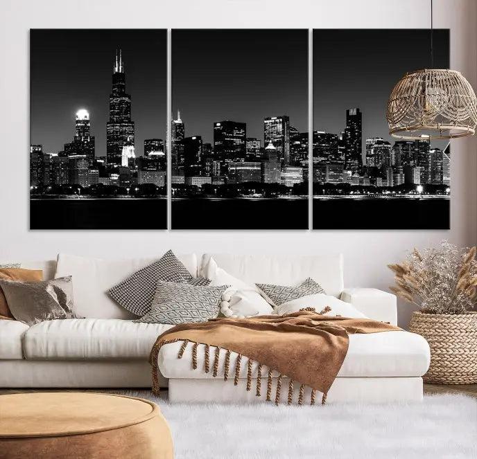 Elegantly displayed above the modern living room, a black and white cityscape stretches across three panels. This premium Chicago Wall Art Canvas Print captures the city's skyline at night, crafted with museum-quality canvas and enhanced by a UV-protective coating to maintain its vibrant appearance. It arrives ready to hang for seamless installation.