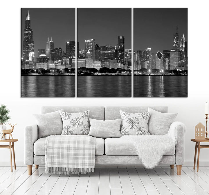 This sophisticated black and white triptych showcases the Chicago city skyline at night. Printed on museum-quality canvas with a UV-protective coating, the "Chicago Wall Art Canvas Print" ensures it remains vibrant for years and is ready to hang.