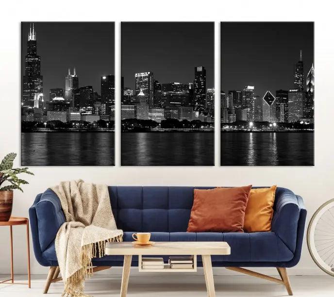 This sophisticated black and white triptych showcases the Chicago city skyline at night. Printed on museum-quality canvas with a UV-protective coating, the "Chicago Wall Art Canvas Print" ensures it remains vibrant for years and is ready to hang.