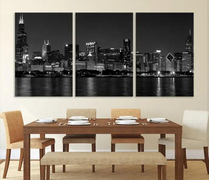 This sophisticated black and white triptych showcases the Chicago city skyline at night. Printed on museum-quality canvas with a UV-protective coating, the "Chicago Wall Art Canvas Print" ensures it remains vibrant for years and is ready to hang.