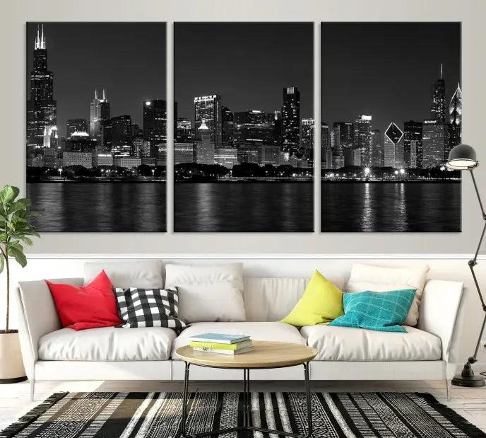 This sophisticated black and white triptych showcases the Chicago city skyline at night. Printed on museum-quality canvas with a UV-protective coating, the "Chicago Wall Art Canvas Print" ensures it remains vibrant for years and is ready to hang.