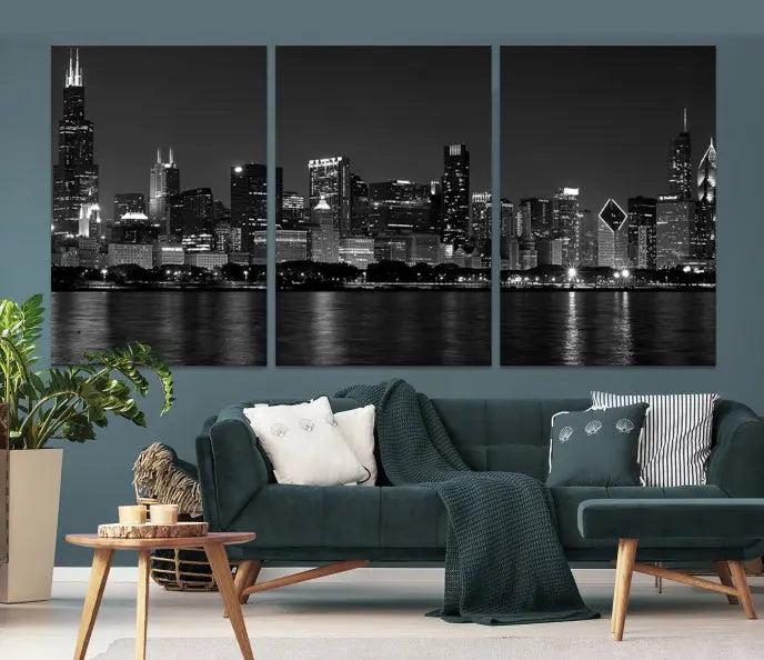 This sophisticated black and white triptych showcases the Chicago city skyline at night. Printed on museum-quality canvas with a UV-protective coating, the "Chicago Wall Art Canvas Print" ensures it remains vibrant for years and is ready to hang.