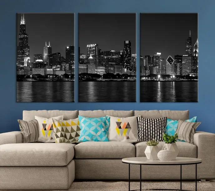 This sophisticated black and white triptych showcases the Chicago city skyline at night. Printed on museum-quality canvas with a UV-protective coating, the "Chicago Wall Art Canvas Print" ensures it remains vibrant for years and is ready to hang.