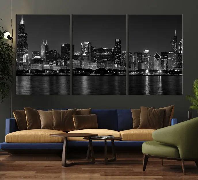 This sophisticated black and white triptych showcases the Chicago city skyline at night. Printed on museum-quality canvas with a UV-protective coating, the "Chicago Wall Art Canvas Print" ensures it remains vibrant for years and is ready to hang.