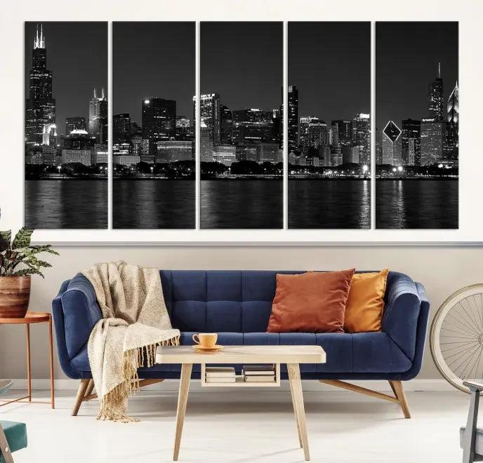 This sophisticated black and white triptych showcases the Chicago city skyline at night. Printed on museum-quality canvas with a UV-protective coating, the "Chicago Wall Art Canvas Print" ensures it remains vibrant for years and is ready to hang.