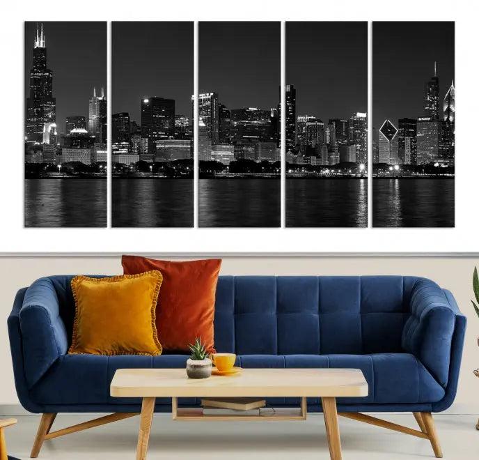 This sophisticated black and white triptych showcases the Chicago city skyline at night. Printed on museum-quality canvas with a UV-protective coating, the "Chicago Wall Art Canvas Print" ensures it remains vibrant for years and is ready to hang.