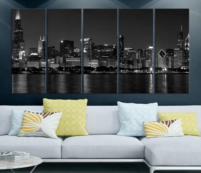 This sophisticated black and white triptych showcases the Chicago city skyline at night. Printed on museum-quality canvas with a UV-protective coating, the "Chicago Wall Art Canvas Print" ensures it remains vibrant for years and is ready to hang.