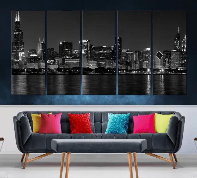 This sophisticated black and white triptych showcases the Chicago city skyline at night. Printed on museum-quality canvas with a UV-protective coating, the "Chicago Wall Art Canvas Print" ensures it remains vibrant for years and is ready to hang.