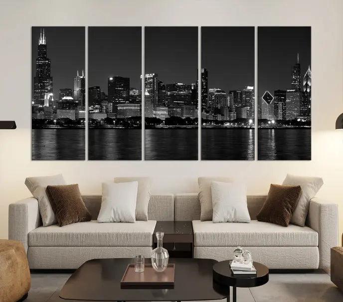 This sophisticated black and white triptych showcases the Chicago city skyline at night. Printed on museum-quality canvas with a UV-protective coating, the "Chicago Wall Art Canvas Print" ensures it remains vibrant for years and is ready to hang.