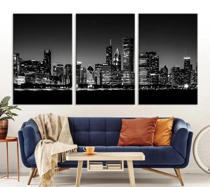 A Chicago Wall Art Canvas Print, featuring a stunning black and white panorama of the city's skyline at night, is printed on gallery wrapped, museum-quality canvas with a UV-protective coating.