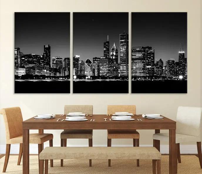 A Chicago Wall Art Canvas Print, featuring a stunning black and white panorama of the city's skyline at night, is printed on gallery wrapped, museum-quality canvas with a UV-protective coating.