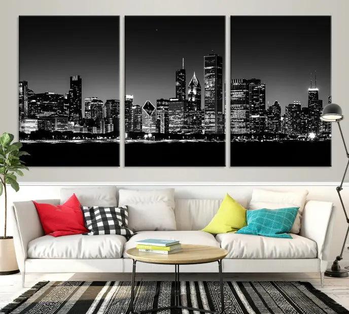 A Chicago Wall Art Canvas Print, featuring a stunning black and white panorama of the city's skyline at night, is printed on gallery wrapped, museum-quality canvas with a UV-protective coating.