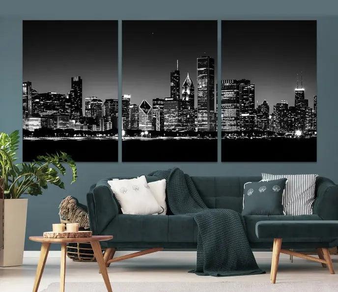 A Chicago Wall Art Canvas Print, featuring a stunning black and white panorama of the city's skyline at night, is printed on gallery wrapped, museum-quality canvas with a UV-protective coating.