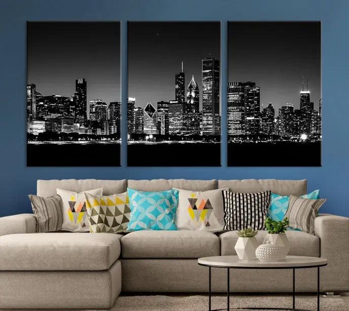 A Chicago Wall Art Canvas Print, featuring a stunning black and white panorama of the city's skyline at night, is printed on gallery wrapped, museum-quality canvas with a UV-protective coating.