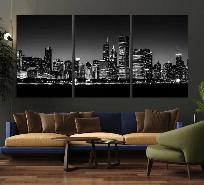 A Chicago Wall Art Canvas Print, featuring a stunning black and white panorama of the city's skyline at night, is printed on gallery wrapped, museum-quality canvas with a UV-protective coating.