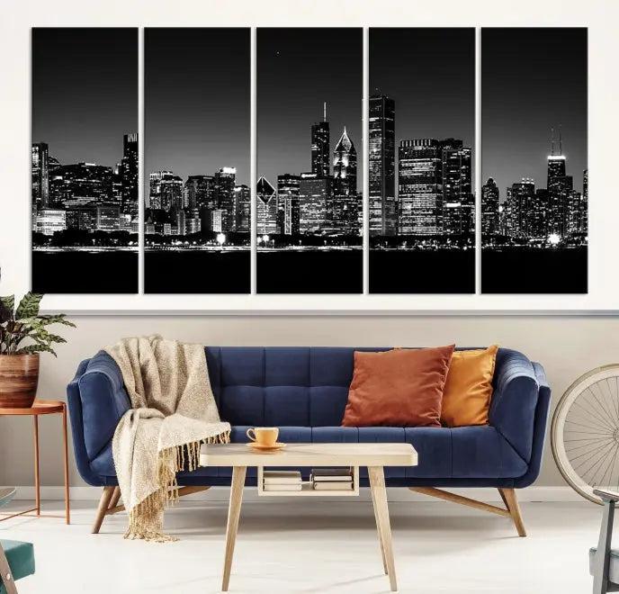 A Chicago Wall Art Canvas Print, featuring a stunning black and white panorama of the city's skyline at night, is printed on gallery wrapped, museum-quality canvas with a UV-protective coating.