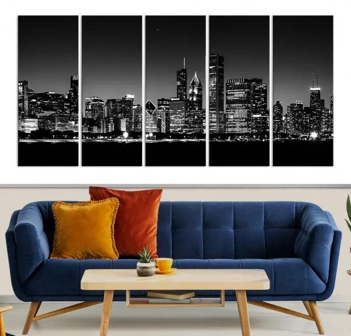 A Chicago Wall Art Canvas Print, featuring a stunning black and white panorama of the city's skyline at night, is printed on gallery wrapped, museum-quality canvas with a UV-protective coating.