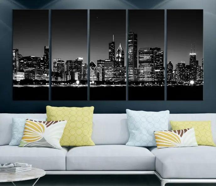 A Chicago Wall Art Canvas Print, featuring a stunning black and white panorama of the city's skyline at night, is printed on gallery wrapped, museum-quality canvas with a UV-protective coating.