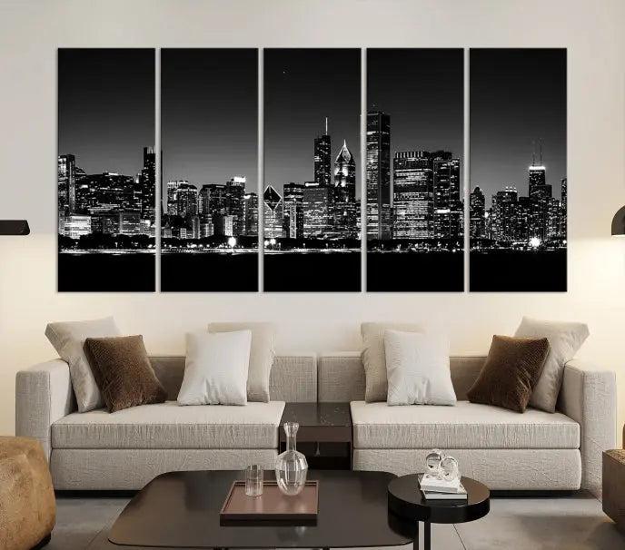 A Chicago Wall Art Canvas Print, featuring a stunning black and white panorama of the city's skyline at night, is printed on gallery wrapped, museum-quality canvas with a UV-protective coating.