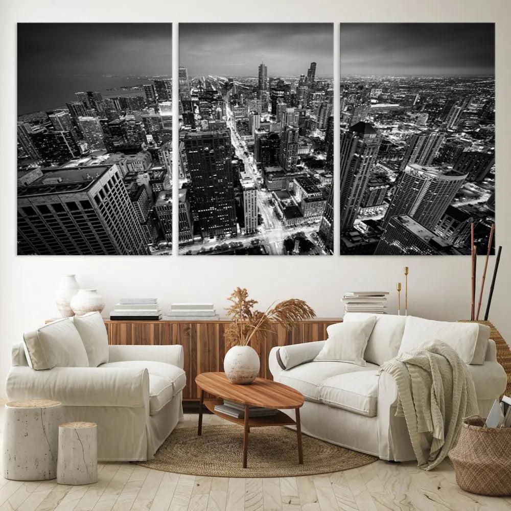 A Chicago Wall Art Canvas Print, specifically the Chicago City Night Canvas Print, is displayed in handcrafted frames.