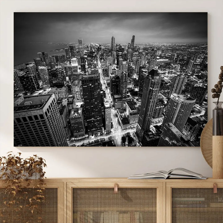 A Chicago Wall Art Canvas Print, specifically the Chicago City Night Canvas Print, is displayed in handcrafted frames.