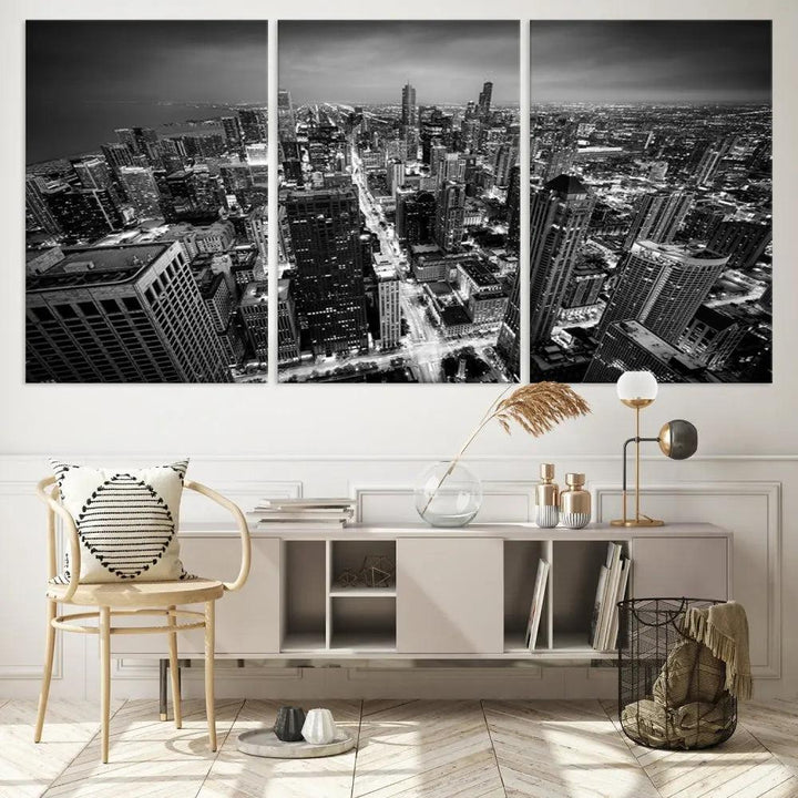 A Chicago Wall Art Canvas Print, specifically the Chicago City Night Canvas Print, is displayed in handcrafted frames.